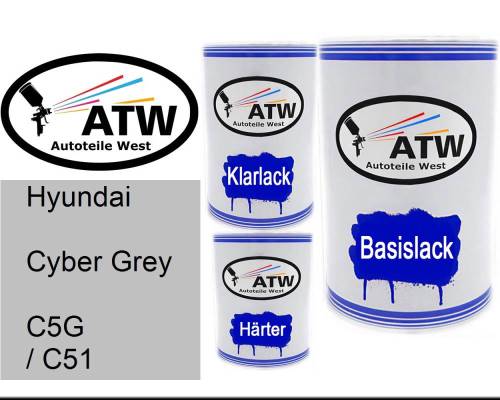 Hyundai, Cyber Grey, C5G / C51: 500ml Lackdose + 500ml Klarlack + 250ml Härter - Set, von ATW Autoteile West.